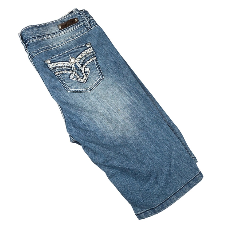 Royalty by YMI Blue Jean Long Shorts Bermuda Denim 12 Rhinestone Embellished Y2K